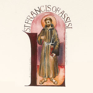 St Francis of Assisi.  Calligraphy print by Tess Cooling